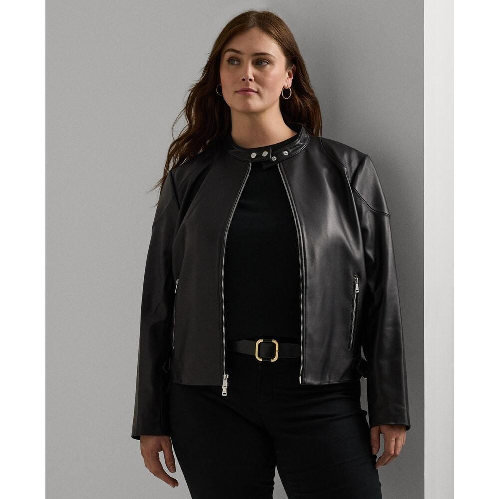 Lauren Ralph Lauren Plus Size Leather Moto Jacket Black Size 3X 2031